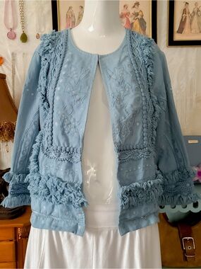 Vintage western boho girly fringe silver embroidered blue cotton jacket